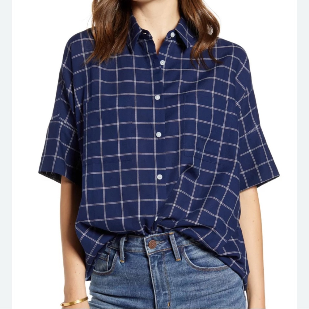 Madewell Blue Courier Double Windowpane Checkered Button Front Shirt